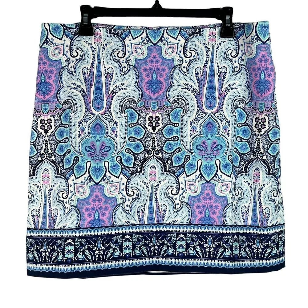 Talbots Woman Size 16P Multi Bohemian Blue Pink Paisley Cotton Stretch Skirt